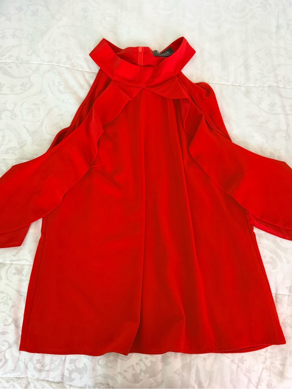 Gracia Red Cold-Shoulder Ruffle Halter Top